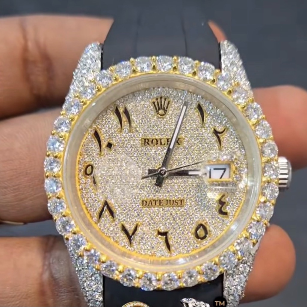 Rolex Datejust Gold Silver Pave Diamond Mossiniate Watch With Black Strap